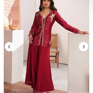 MAHUM ASAD - Modern Desi Embellished Deep Red Two-Piece Tunic Set